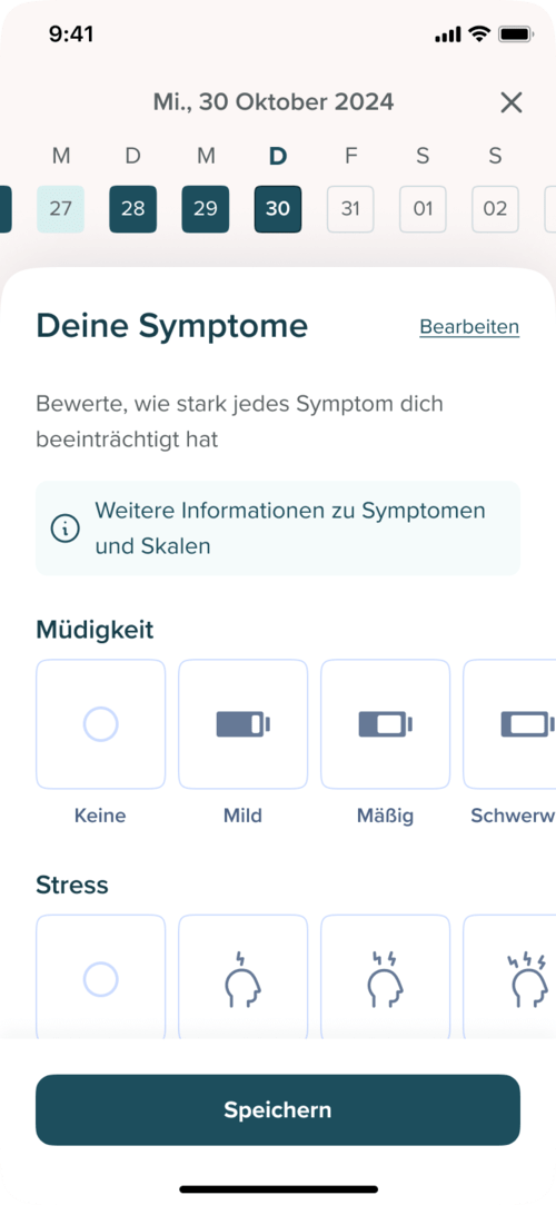 Feedback-FunktionBasierend auf Ihren Einträgen im Symptomtagebuch und Ihrem Fortschritt in den Kapiteln erhalten Sie personalisiertes Feedback zu Ihrer Entwicklung.