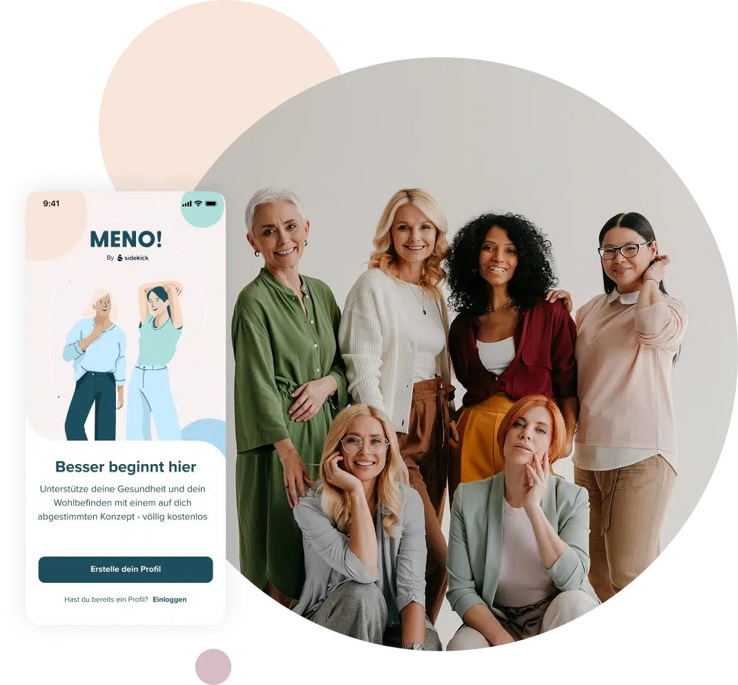MENO! App auf einem Smartphone neben einer Gruppe lächelnder Frauen